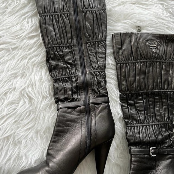 PRADA Black Ruched Leather High Heel Boots - Picture 5 of 5